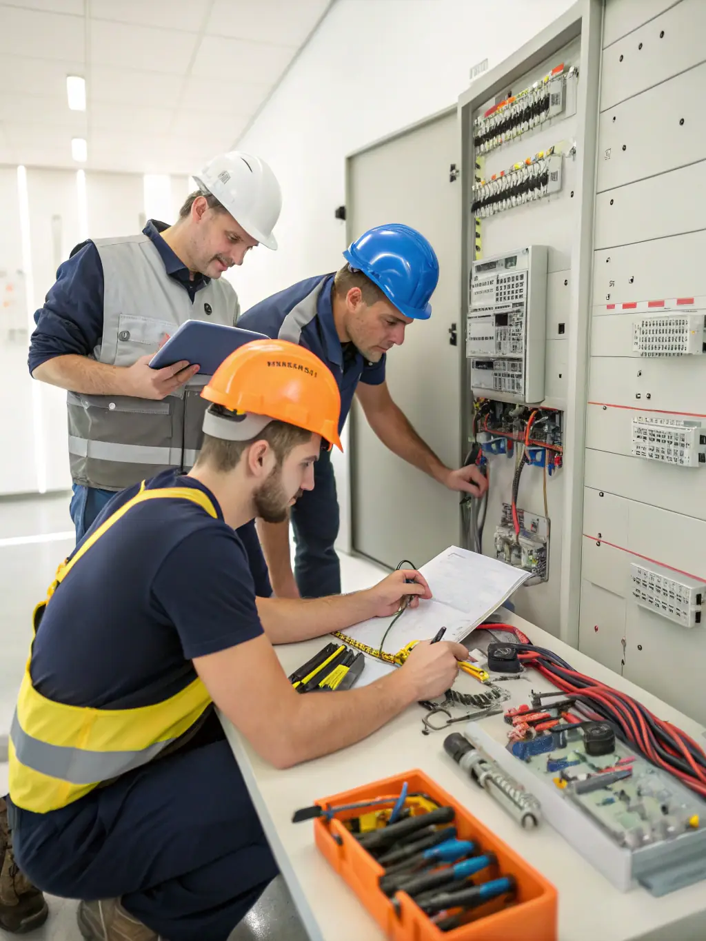 An image of electricians working on wiring in a modern office building, showcasing their technical skills and safety measures.