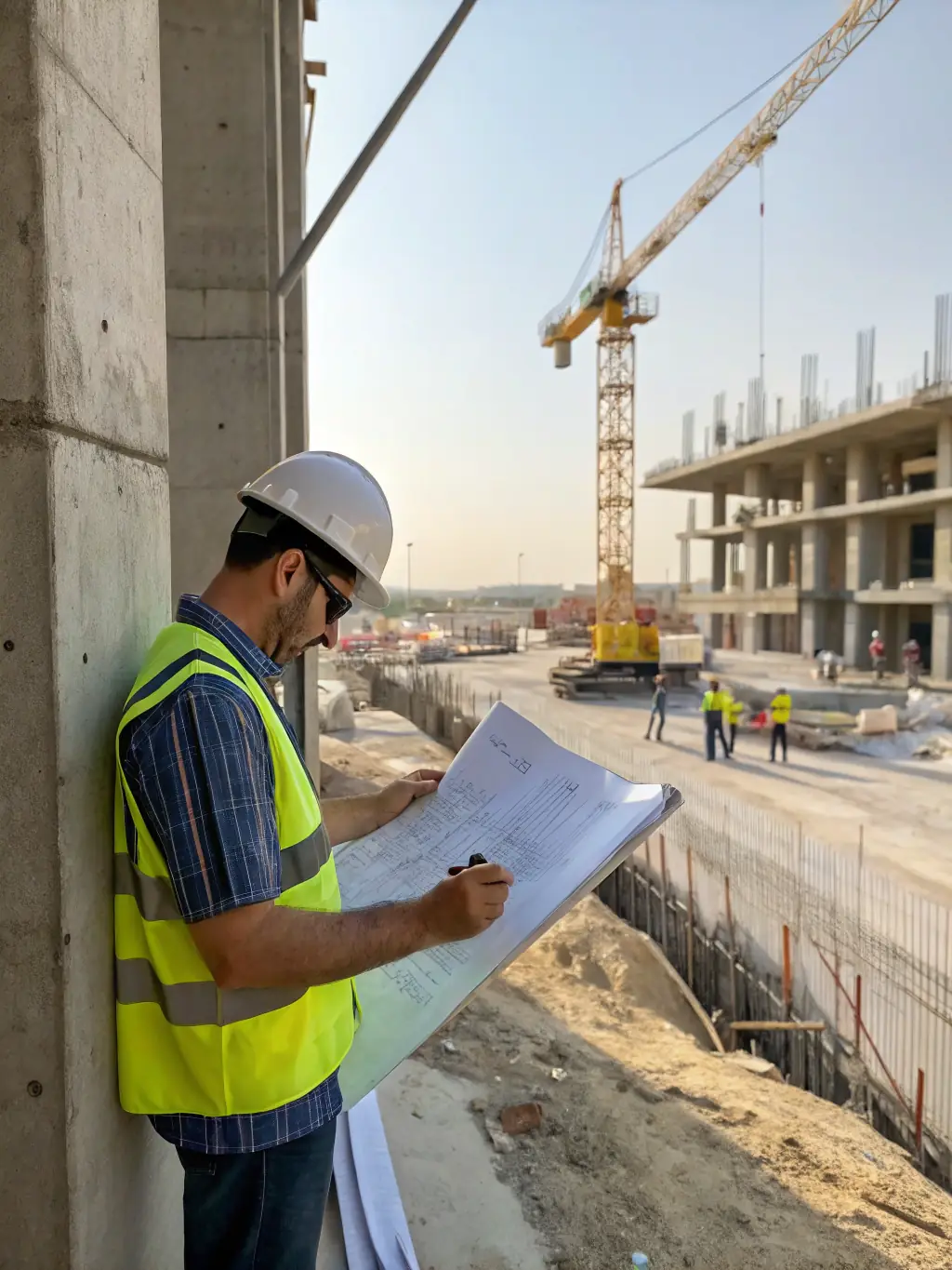 A Base Group engineer reviewing blueprints on a tablet at a construction site, with safety equipment visible.
