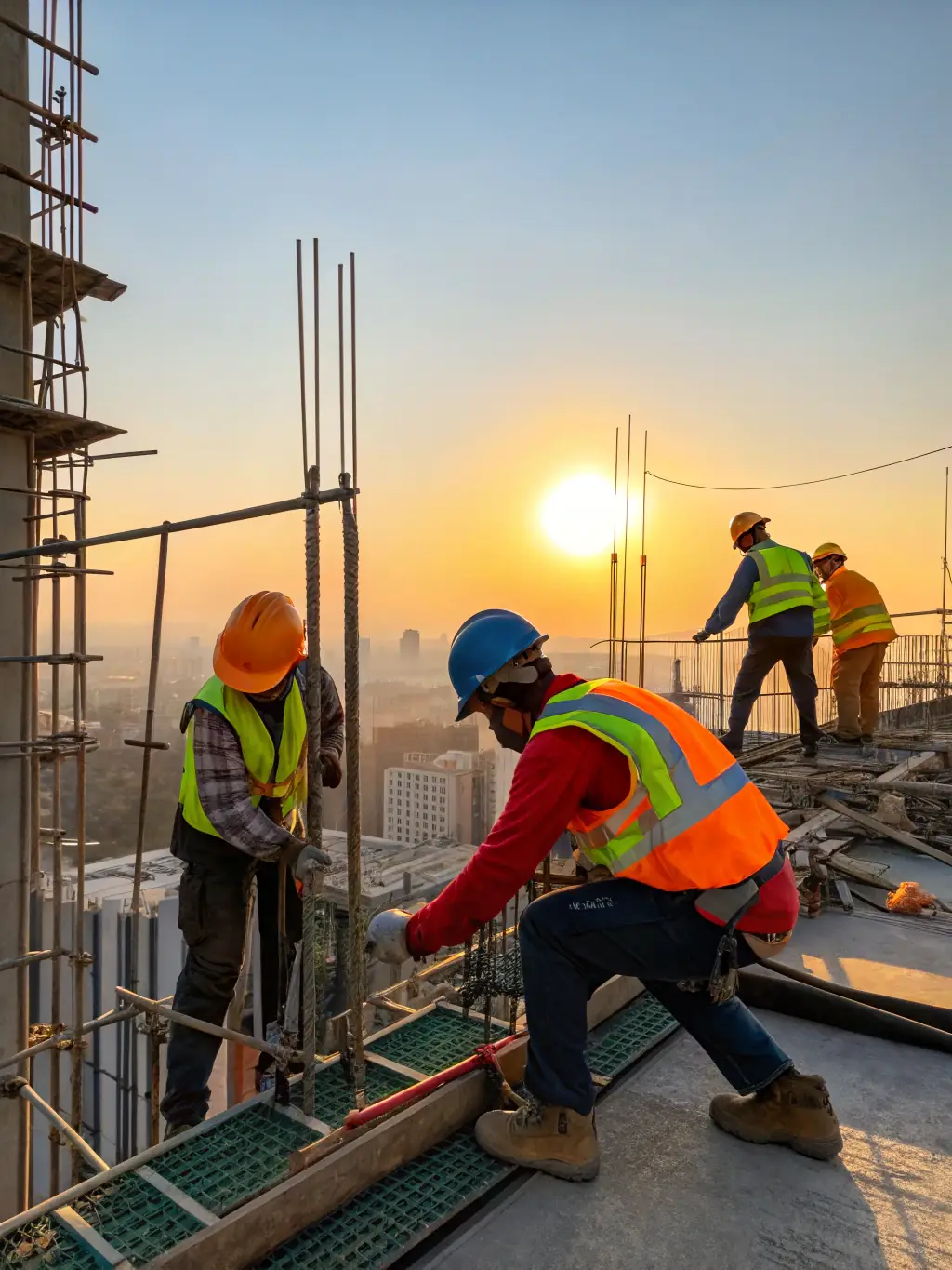 A construction site with Base Group employees working on a high-rise building project, showcasing teamwork and expertise.