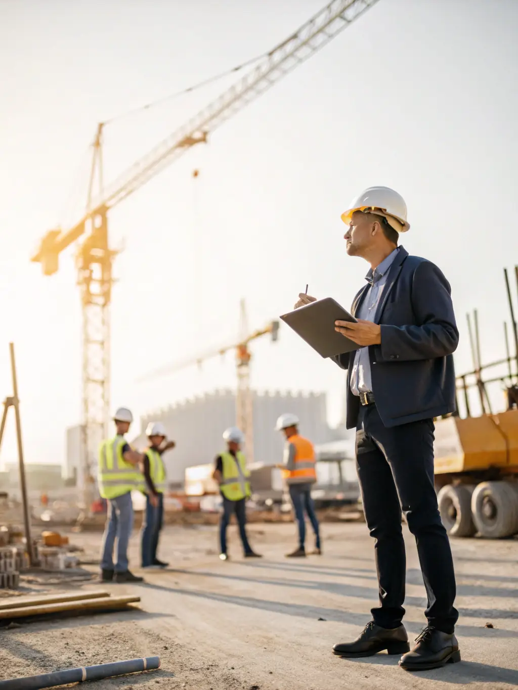 An image depicting a project manager overseeing a construction site, coordinating different teams and ensuring smooth operations.
