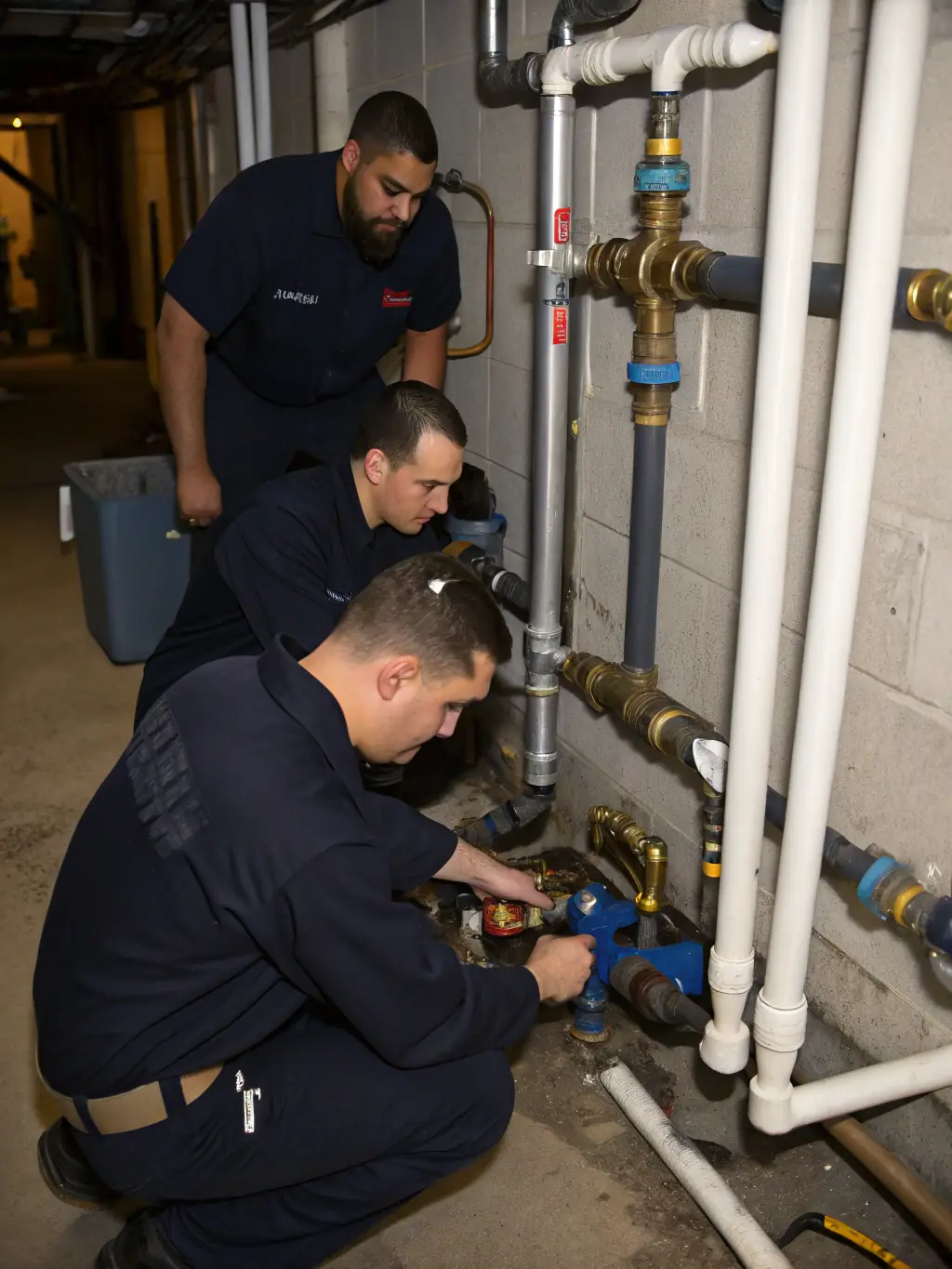 An image of plumbers installing pipes in a commercial building, highlighting their expertise and attention to detail.