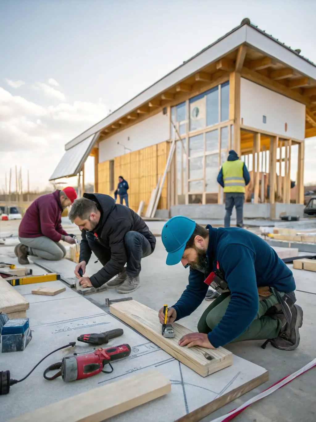 An image showcasing skilled carpenters working on a residential construction project, emphasizing precision and craftsmanship.